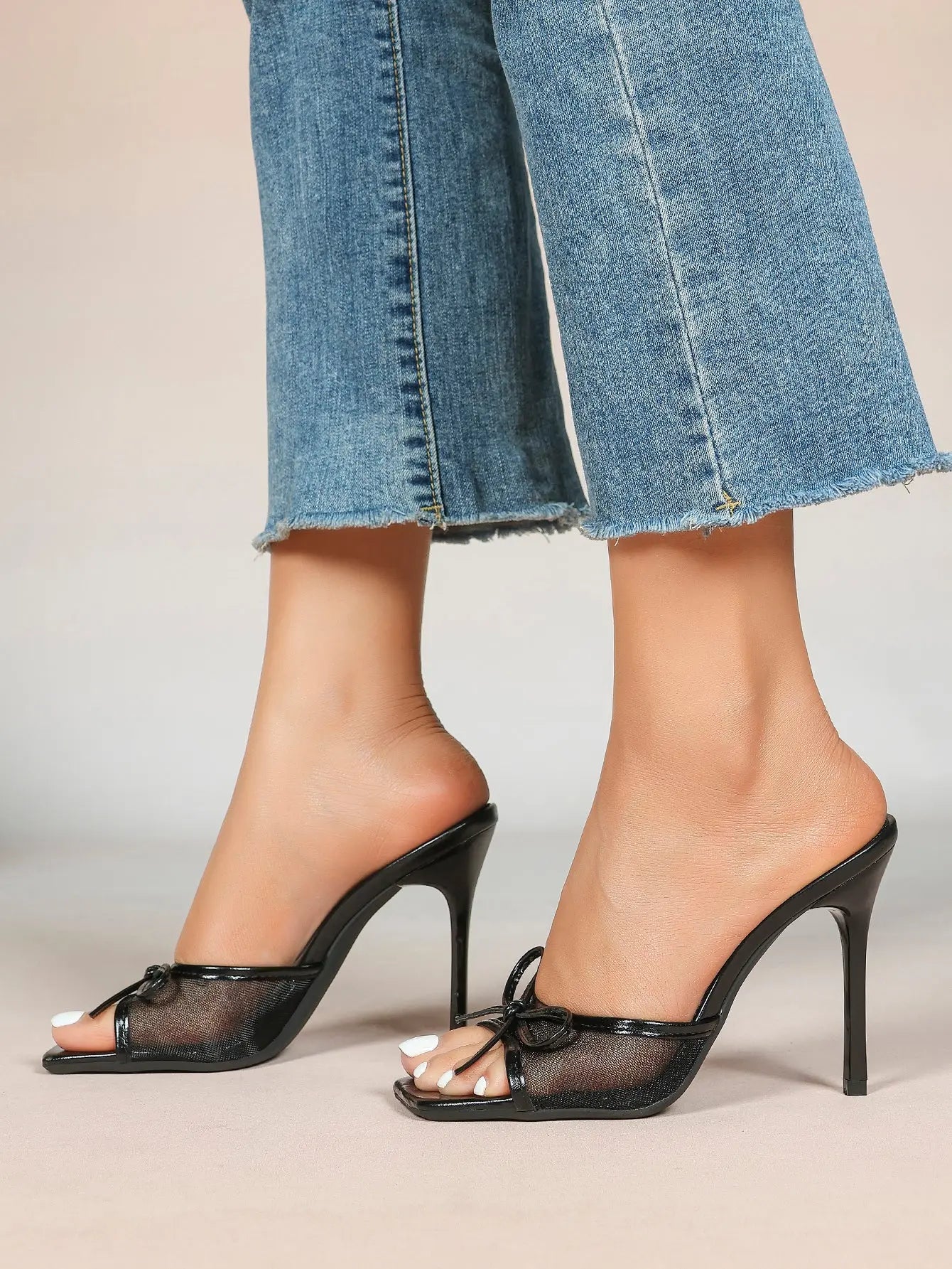 Women's Bowknot Mesh High Heel Sandals 3.74 Inch Open Square Toe Stiletto Sandals YISHIFAN
