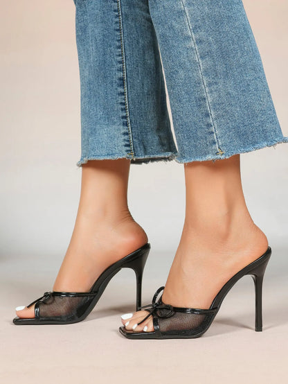 Women's Bowknot Mesh High Heel Sandals 3.74 Inch Open Square Toe Stiletto Sandals YISHIFAN