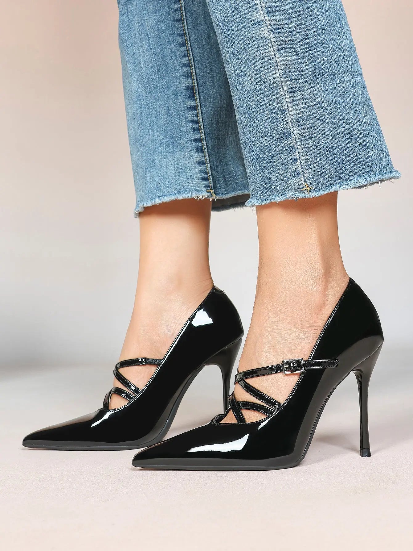 Burgundy Leather Stiletto Heels Sharp Pointed Toe Cross Strap Pump 4.13 INCH for Party Wedding Shoes YISHIFAN