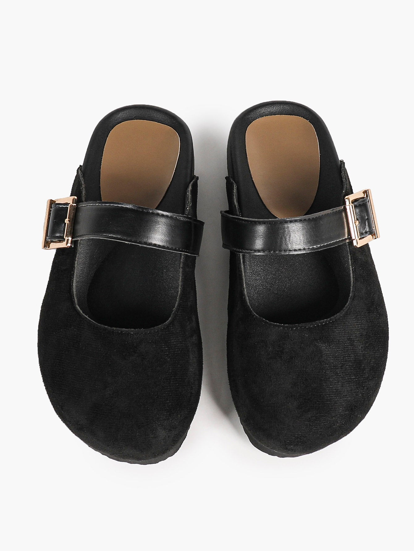 Black Suede Buckled Strap Slip-On Mules with Gold-Tone Hardware