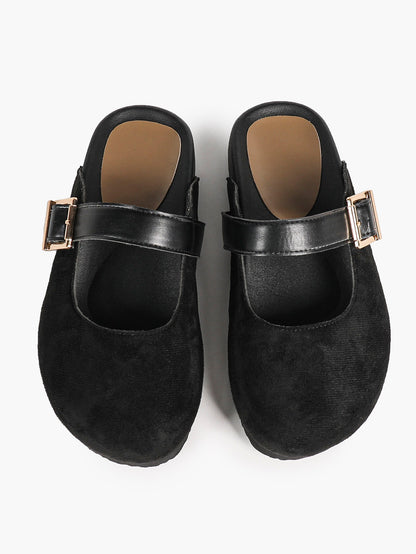 Black Suede Buckled Strap Slip-On Mules with Gold-Tone Hardware