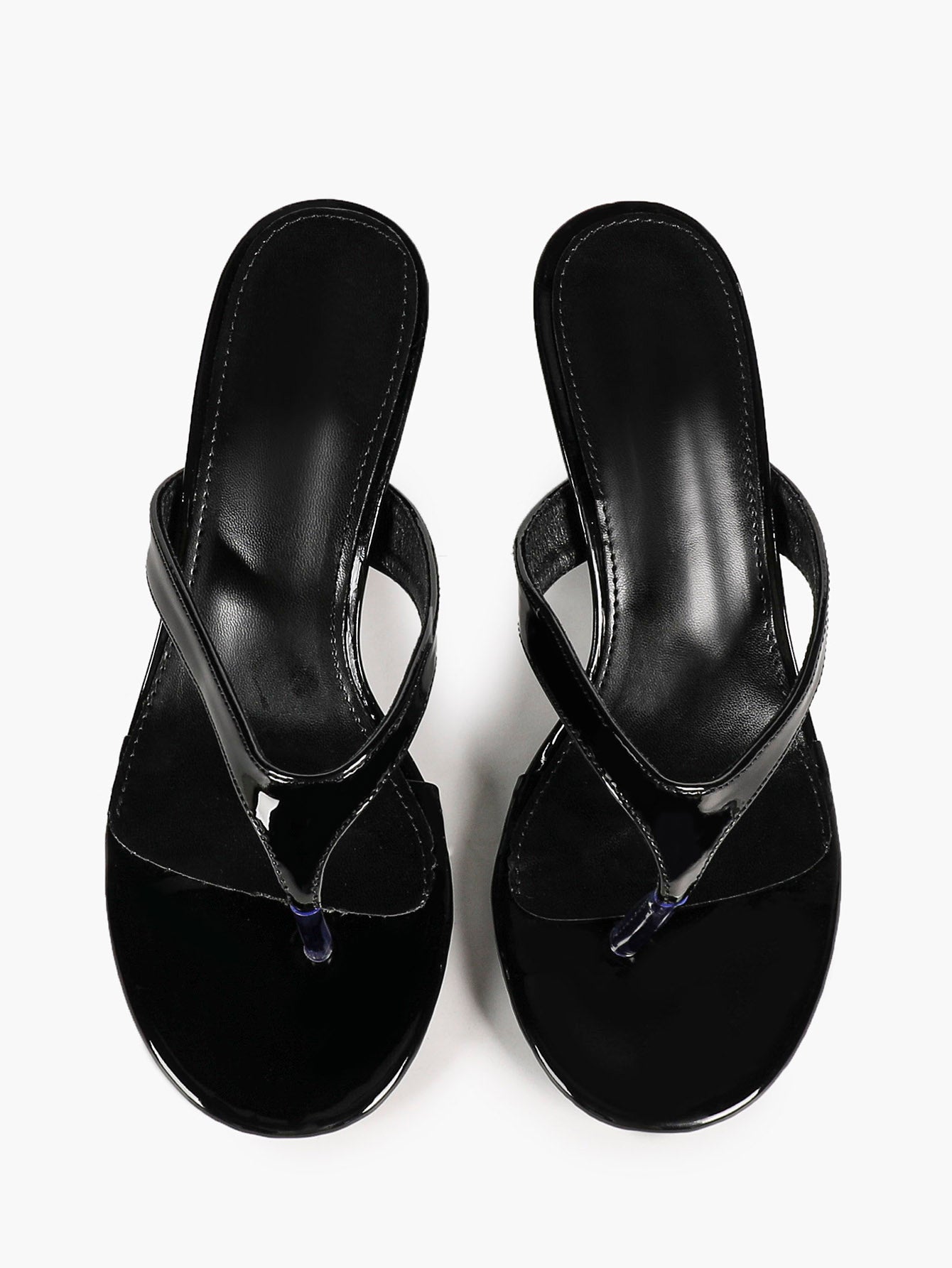 Black Patent Leather Thong Strap Stiletto Mules Backless Kitten Heels Party Date Shoes
