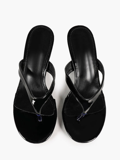 Black Patent Leather Thong Strap Stiletto Mules Backless Kitten Heels Party Date Shoes