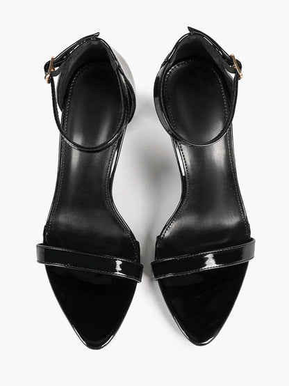 Black Patent Single Strap Stiletto Sandals Pointed Open Toe Ankle Buckle Heels Elegant Minimalist Shoes
