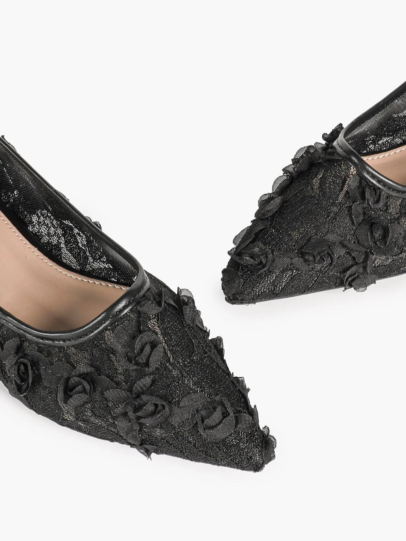 Pink 3D Rose Appliqué Lace Mesh Pointed Toe Flats – Women's Handcrafted Floral Ballet Flat YISHIFAN