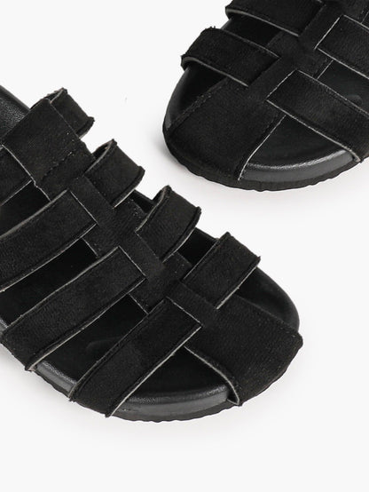 Camel Suede Woven Cage Slides with Silver-Tone Buckle Detail