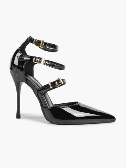 Cream Triple Ankle Strap Stiletto Pumps – Women’s Pointed Toe Cage Heel High Heels YISHIFAN