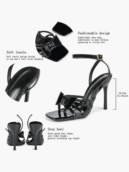 Women's Metallic Silver Open Toe Square Stiletto Sandals Galaxy Bowknot with Ankle Strap for Any Formal Scene YISHIFAN