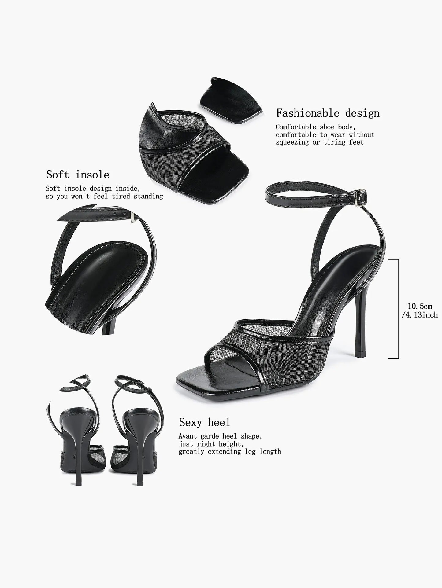 Women's Leather Mesh Ankle Strap Sandals Stiletto Heels Square Toe with 4.13 Inch Heel YISHIFAN