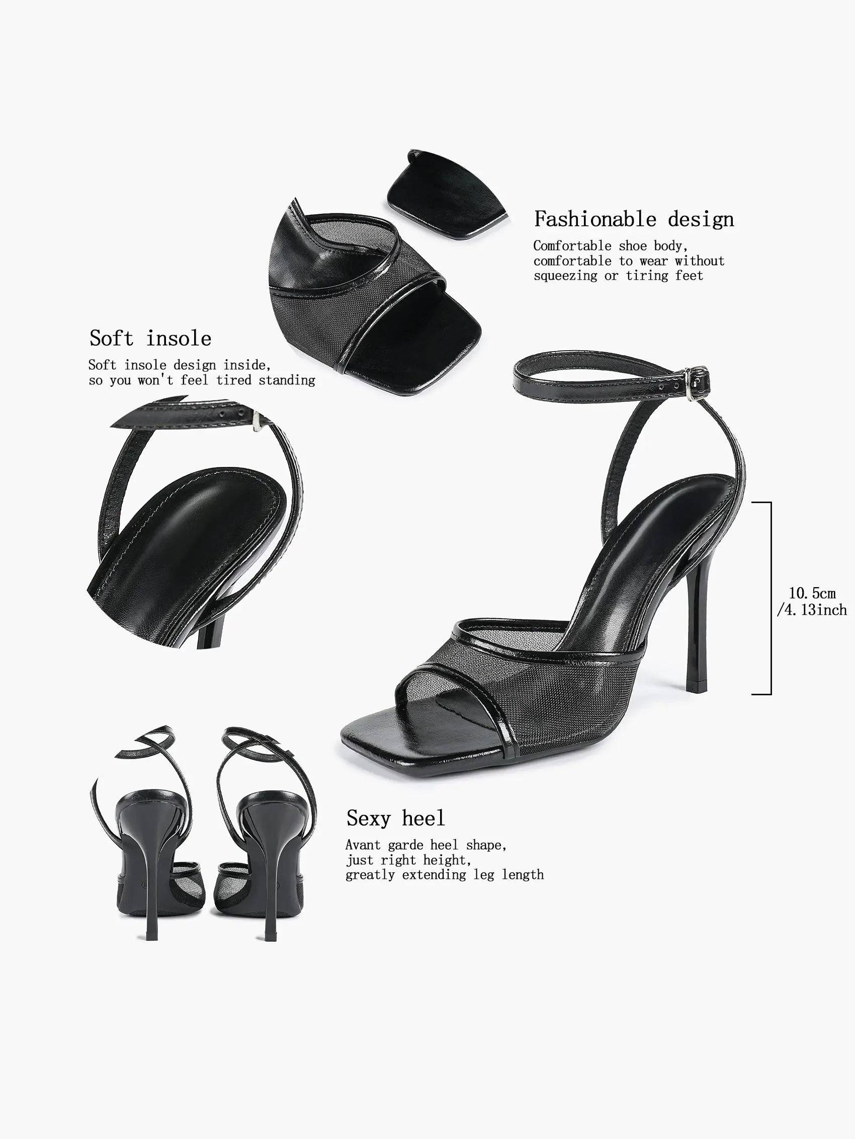 Women's Leather Mesh Ankle Strap Sandals Stiletto Heels Square Toe with 4.13 Inch Heel YISHIFAN