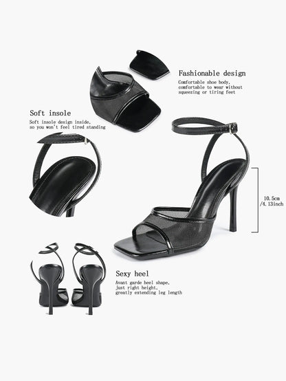 Women's Leather Mesh Ankle Strap Sandals Stiletto Heels Square Toe with 4.13 Inch Heel YISHIFAN