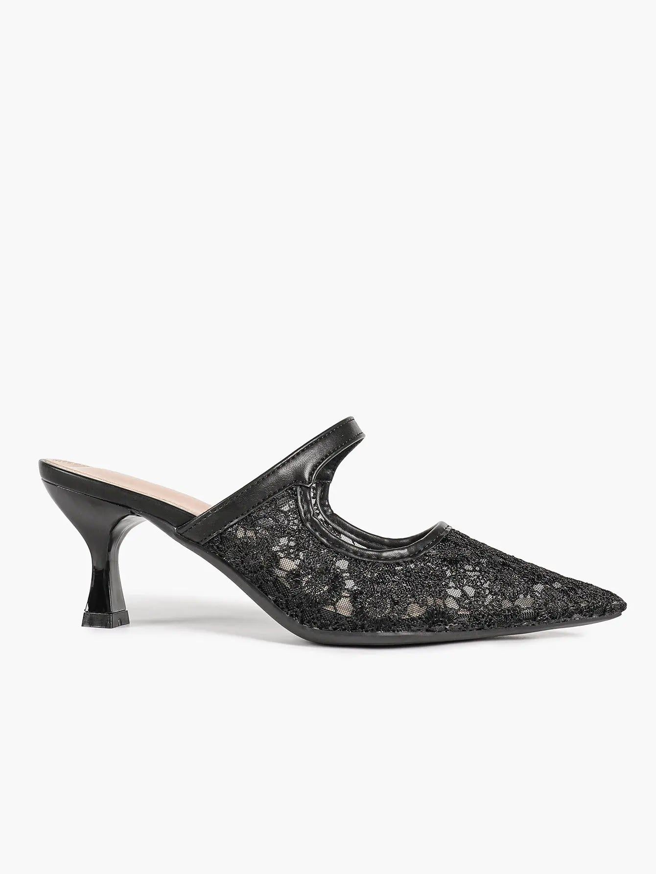 Black Floral Lace Mary Jane Kitten Heel Mules – Women's Pointed Toe Goblet Heel Slip-On YISHIFAN
