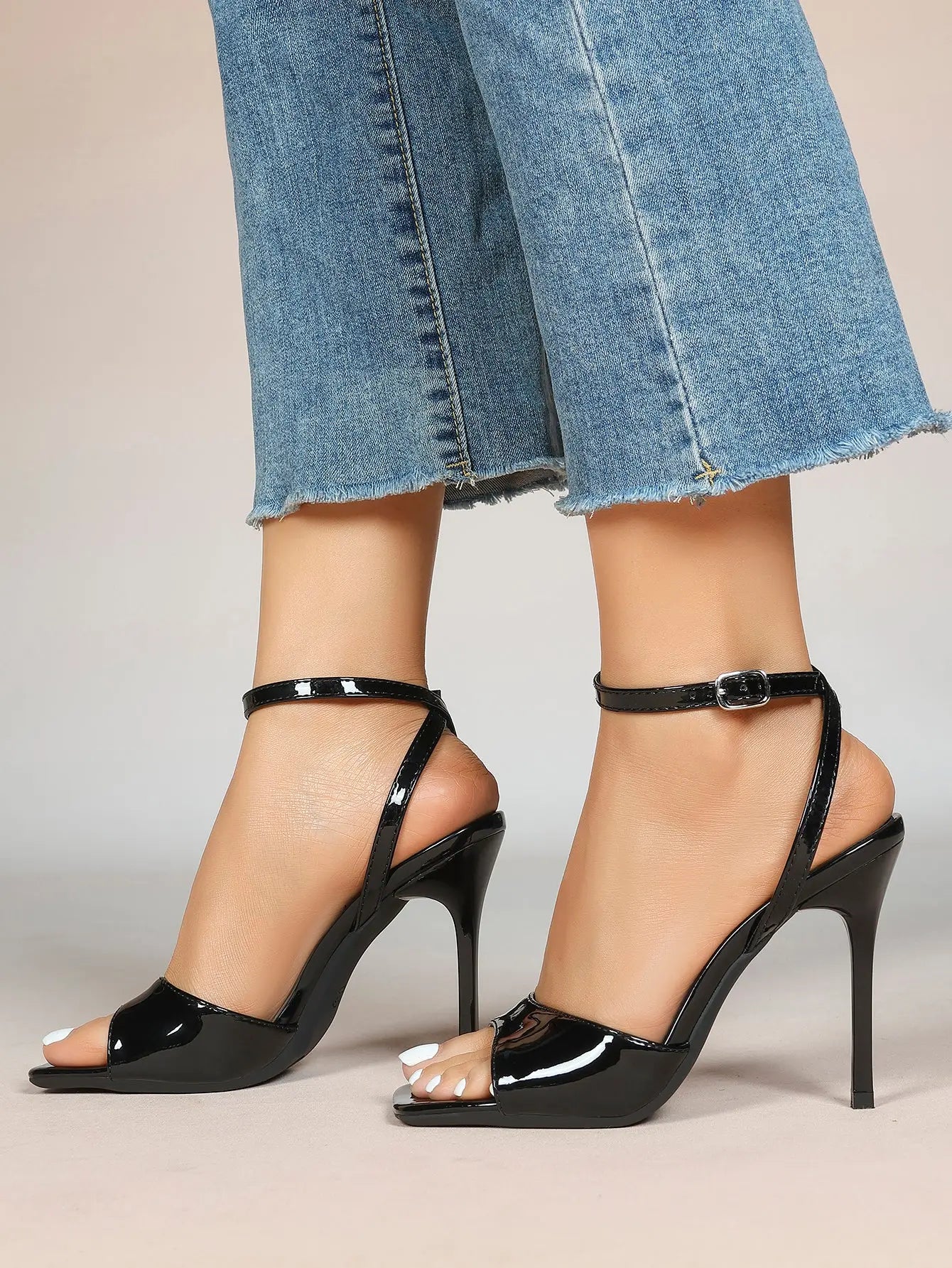 Women's Stiletto Heels 4.13 Inch Square Toe Ankle Strap Sandals Wedding Party Office Dress Shoes YISHIFAN