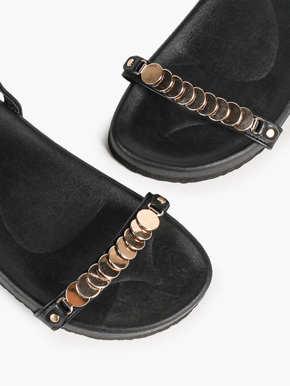 Black Flat Sandals with Gold-Tone Coin Detail and Adjustable Ankle Strap