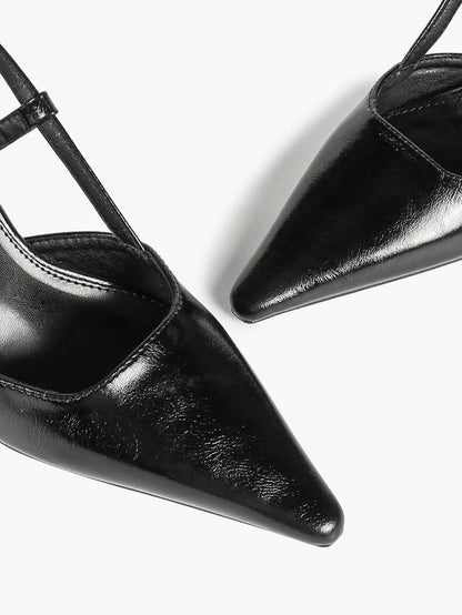 Black Pointed Toe Slingback Pumps 7.5CM Sculptural Heel Adjustable Ankle Strap Dress Shoes YISHIFAN