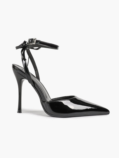 Black Patent D’Orsay Bow Ankle Strap Stiletto Heels – Women’s Pointed Toe High Heels YISHIFAN