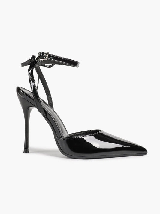 Black Patent D’Orsay Bow Ankle Strap Stiletto Heels – Women’s Pointed Toe High Heels YISHIFAN