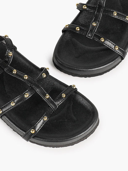 Black Multi-Strap Studded Sandals with Adjustable Ankle Buckles