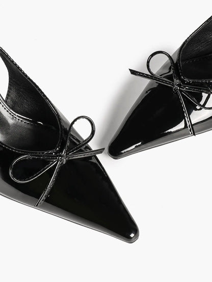 Women's Bow Slingback Pumps Patent Leather Pointed Toe Chunky High Heels Dress Shoes YISHIFAN