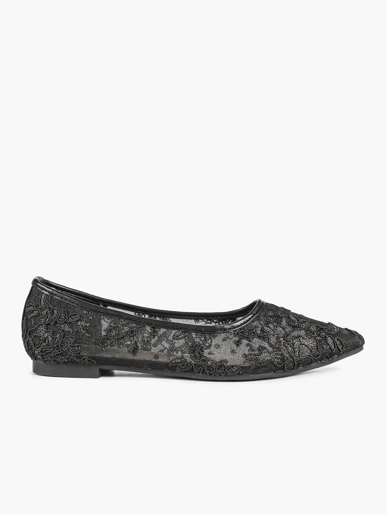 Black Lace Mesh Pointed Toe Flats Sheer Ballet Floral Embroidery YISHIFAN