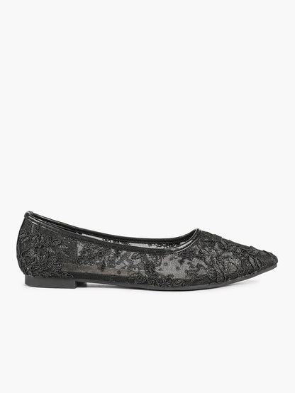 Black Lace Mesh Pointed Toe Flats Sheer Ballet Floral Embroidery YISHIFAN