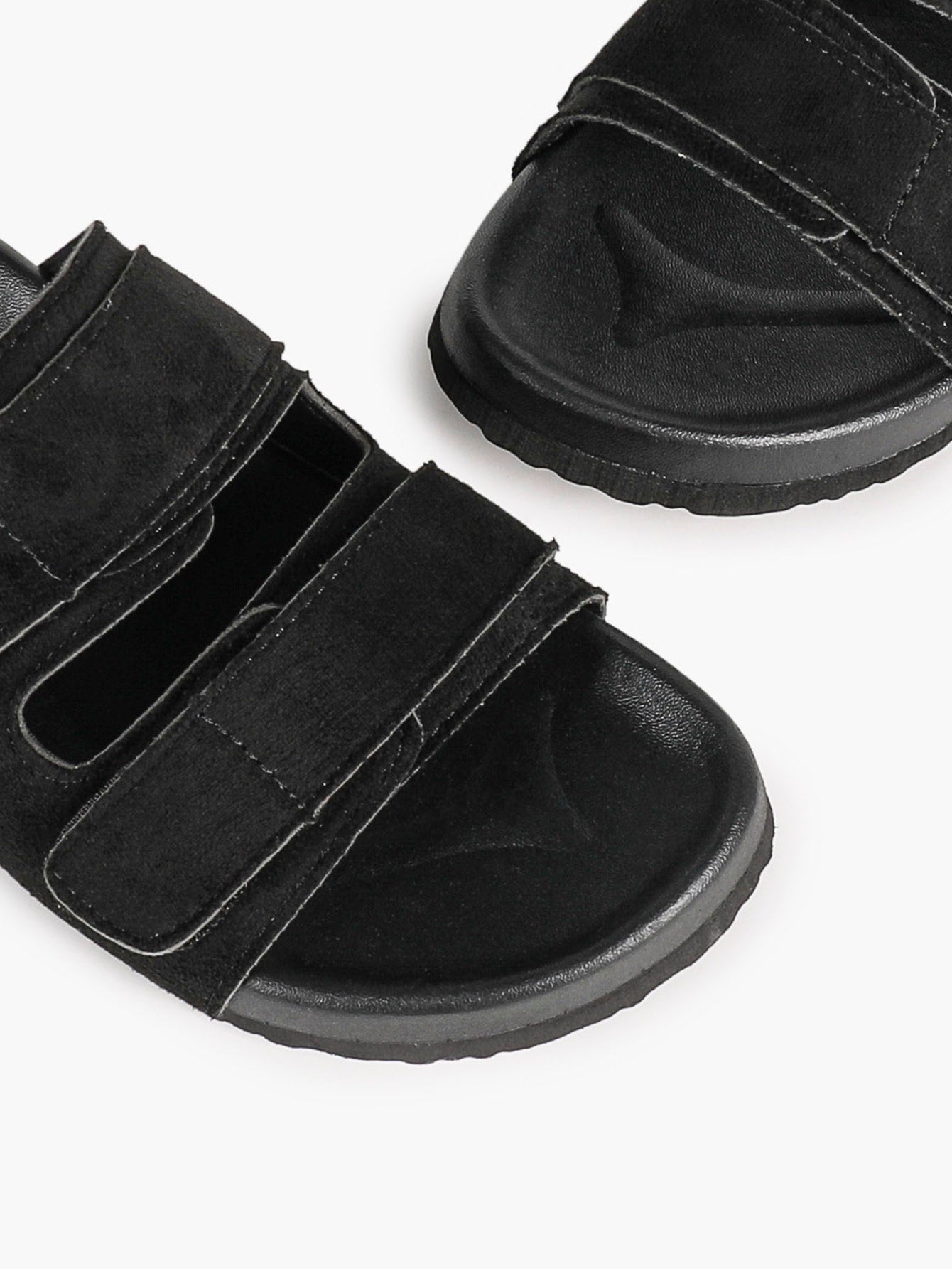 Black Suede-Effect Double-Strap Velcro Slide Sandals with Cushioned Sole