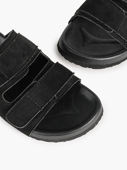 Black Suede-Effect Double-Strap Velcro Slide Sandals with Cushioned Sole
