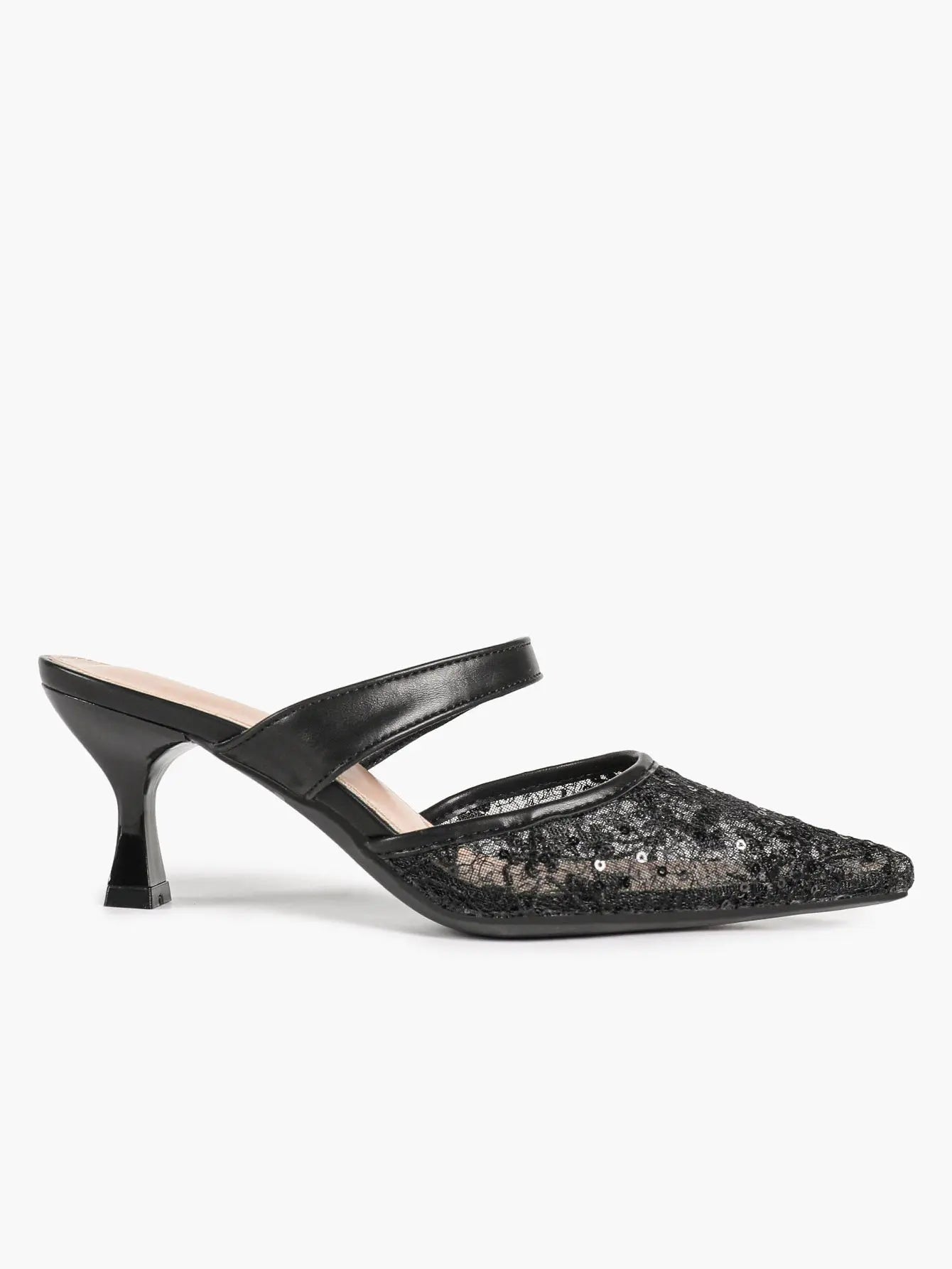 Black Sequin Lace Double Strap Kitten Heel  – Women's Pointed Toe Goblet Heel Slip-On YISHIFAN