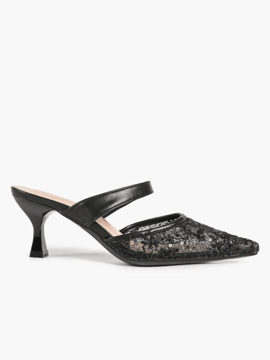 Black Sequin Lace Double Strap Kitten Heel  – Women's Pointed Toe Goblet Heel Slip-On YISHIFAN