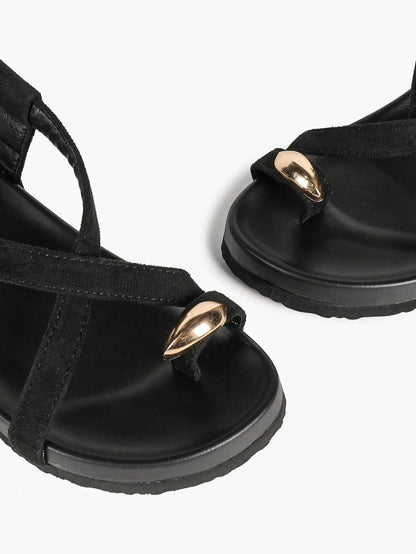 Women's Flat Platform Ankle Strap with Gold Hardware Black Crossover Toe Ring Sandals YISHIFAN