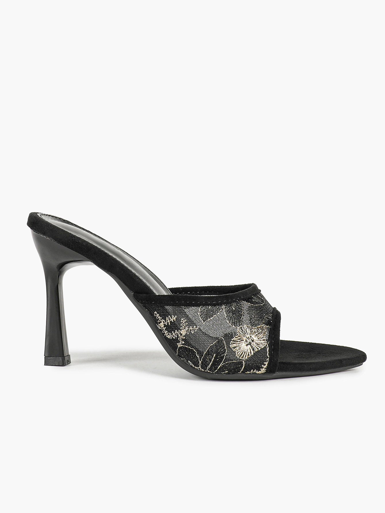 Beige Glitter Mesh Floral Embroidery Stiletto Mules Open Toe Slip-On Evening Party Club Shoes