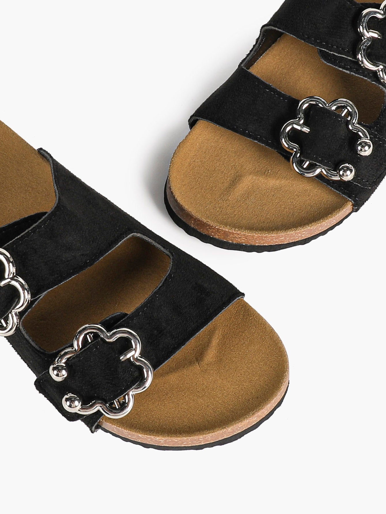 Black Suede Two-Strap Sandals with Silver Floral Buckles for Casual Summer Days