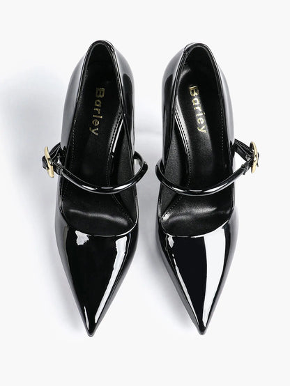Women's Leather Stiletto Heels 4.13 Inch Pointed Toe Strap Pumps Shoes with Buckle for Casual Office YISHIFAN