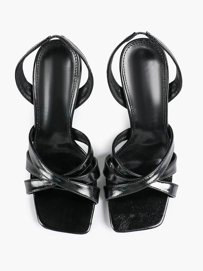 Women's White Leather Square-Toe Stiletto Heels Slingback Heels 3.74 Inch Cross-Strap Stiletto Sandals YISHIFAN