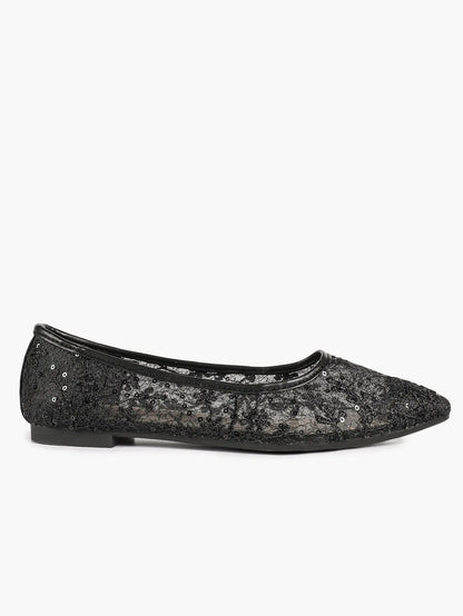 Wine Red Sequin Lace Mesh Pointed Toe Flats – Women's Floral Embroidery Ballet Flat with Iridescent Shimmer YISHIFAN