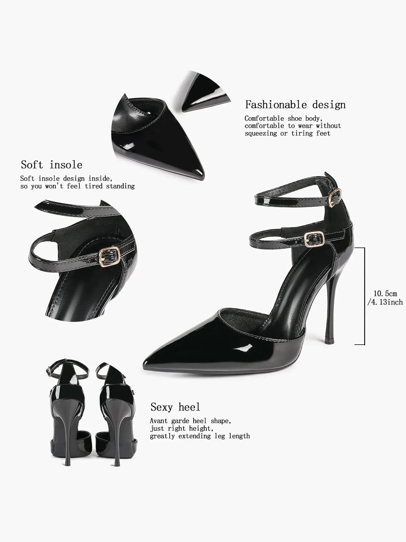 Women's Black Closed Pointed Toe Stiletto Double Ankle Strap Sculptural Heel for Party Formal Dress Shoes YISHIFAN