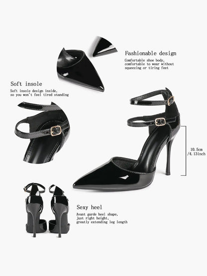 Women's Black Closed Pointed Toe Stiletto Double Ankle Strap Sculptural Heel for Party Formal Dress Shoes YISHIFAN