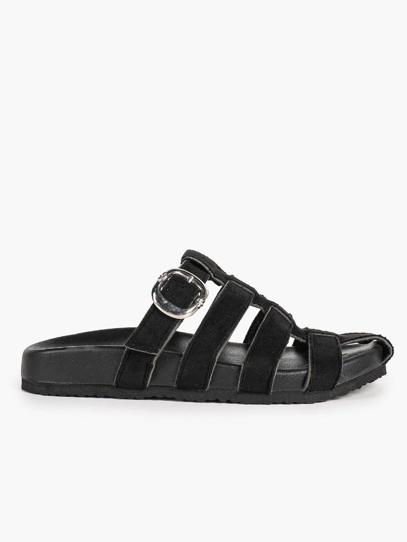 Camel Suede Woven Cage Slides with Silver-Tone Buckle Detail