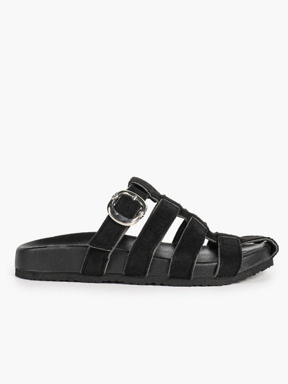 Camel Suede Woven Cage Slides with Silver-Tone Buckle Detail