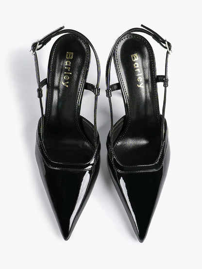 Women's Black Leather High-Heel Sandals Pointed Toe Stiletto Heels Office with for Wedding Party YISHIFAN