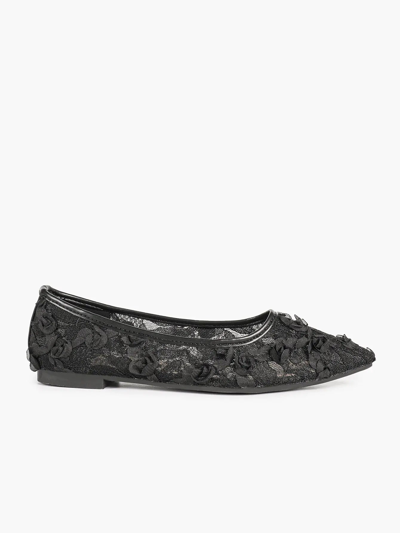 Pink 3D Rose Appliqué Lace Mesh Pointed Toe Flats – Women's Handcrafted Floral Ballet Flat YISHIFAN