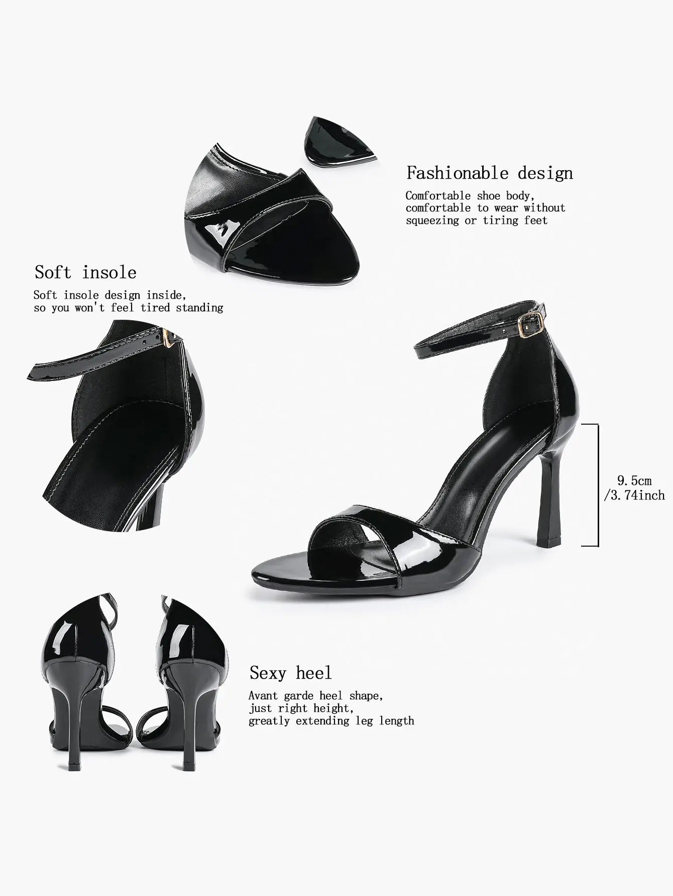 Women's Black High-Heel Sandals 3.74 Inch Stiletto Heels with Adjustable Ankle Strap for Wedding Party Casual YISHIFAN
