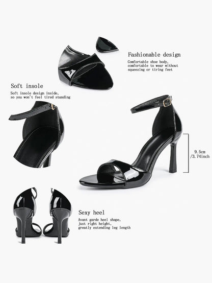 Women's Black High-Heel Sandals 3.74 Inch Stiletto Heels with Adjustable Ankle Strap for Wedding Party Casual YISHIFAN