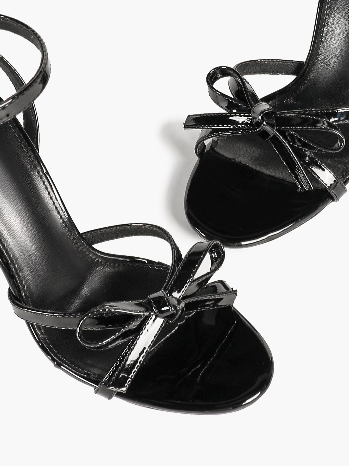Black Patent Pointed Open Toe Stiletto Sandals Ankle Strap with Bow Detail Heels Office Casual Shoes