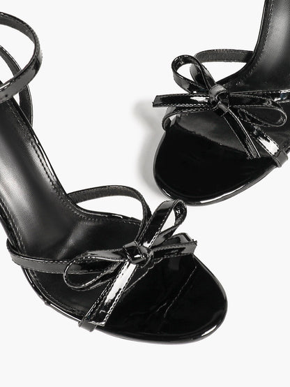 Black Patent Pointed Open Toe Stiletto Sandals Ankle Strap with Bow Detail Heels Office Casual Shoes