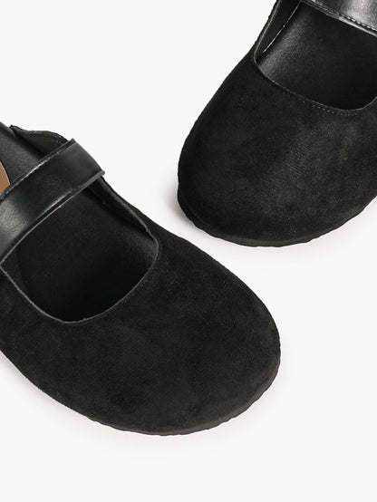 Black Suede Buckled Strap Slip-On Mules with Gold-Tone Hardware