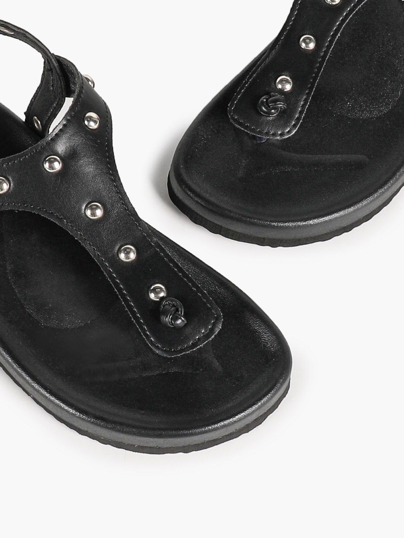 Black Studded T-Strap Thong Sandals with Chunky Platform Sole