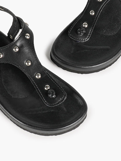 Black Studded T-Strap Thong Sandals with Chunky Platform Sole