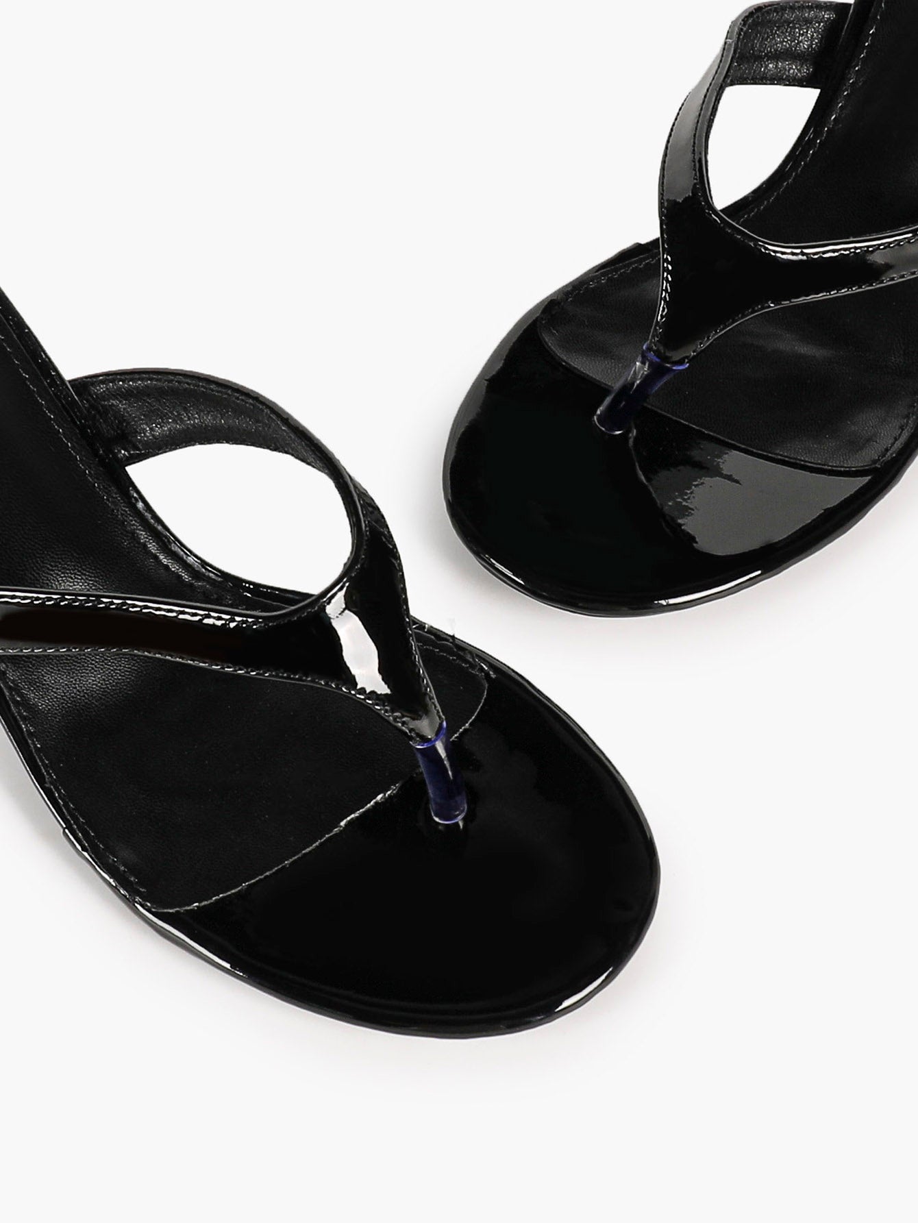 Black Patent Leather Thong Strap Stiletto Mules Backless Kitten Heels Party Date Shoes