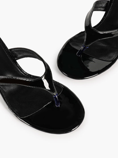 Black Patent Leather Thong Strap Stiletto Mules Backless Kitten Heels Party Date Shoes